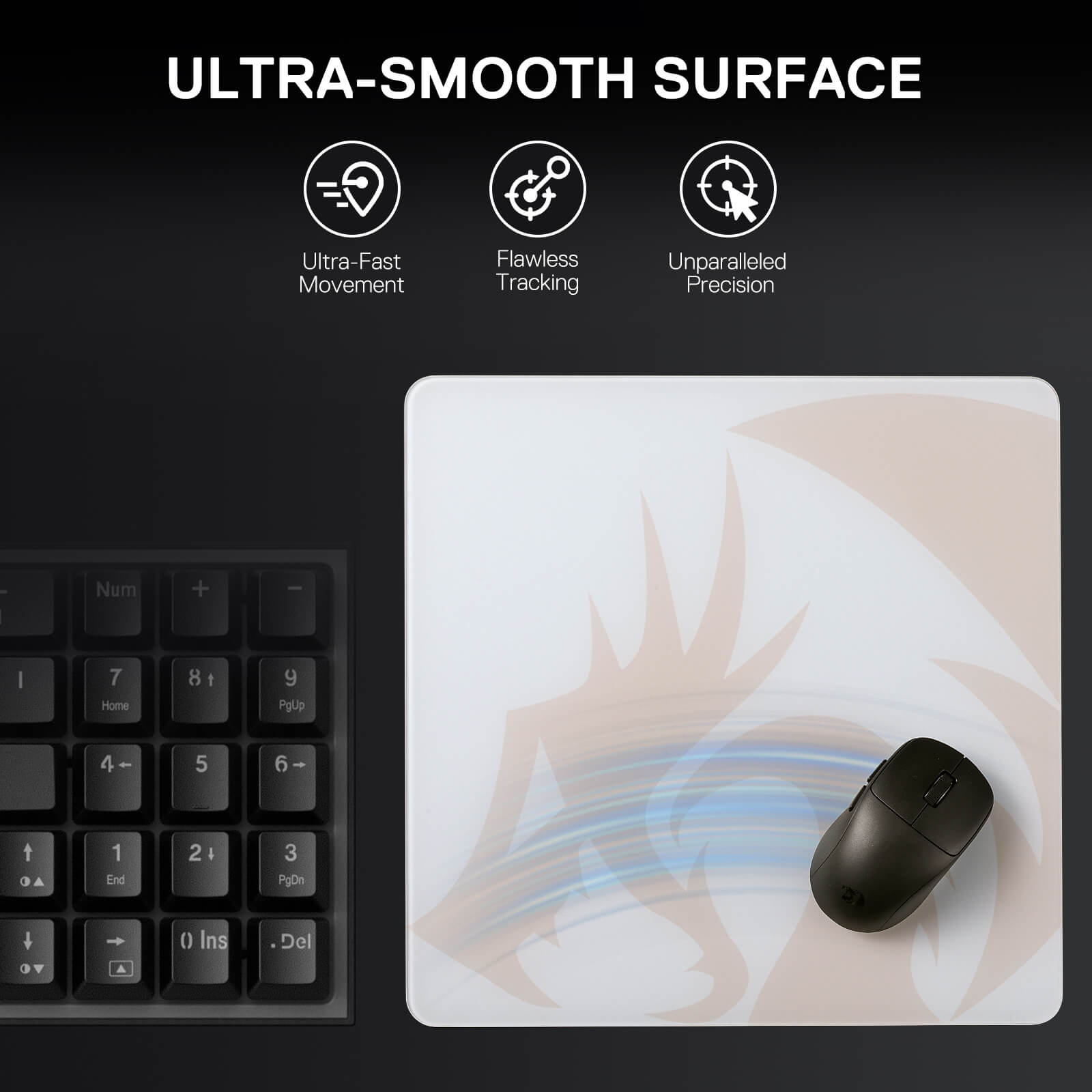 Redragon Mouse pad with a mouse on a black background, featuring text about ultra-smooth surface attributes.