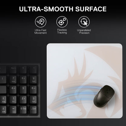 Redragon Mouse pad with a mouse on a black background, featuring text about ultra-smooth surface attributes.