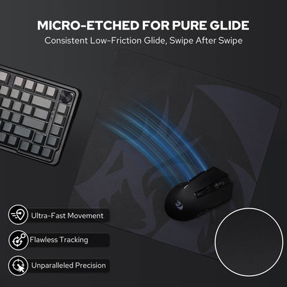 Redragon PG1M Glass Mouse Pad -  'Micro-etched for Pure Glide', 'Ultra-Fast Movement', 'Flawless Tracking', and 'Unparalleled Precision'.