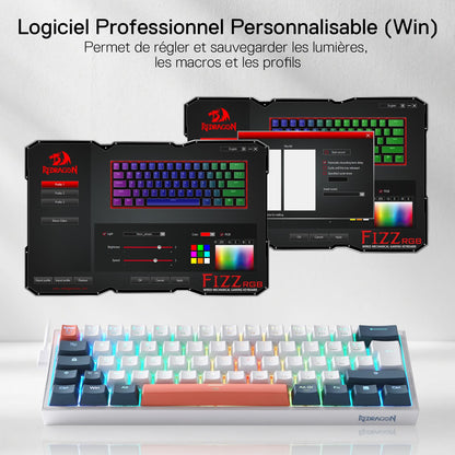 Clavier gaming Redragon K617 RGB, filaire, 60 %, clavier mécanique compact, 61 touches, commutateurs linéaires rouges, compatible avec le pilote Pro, disposition FR