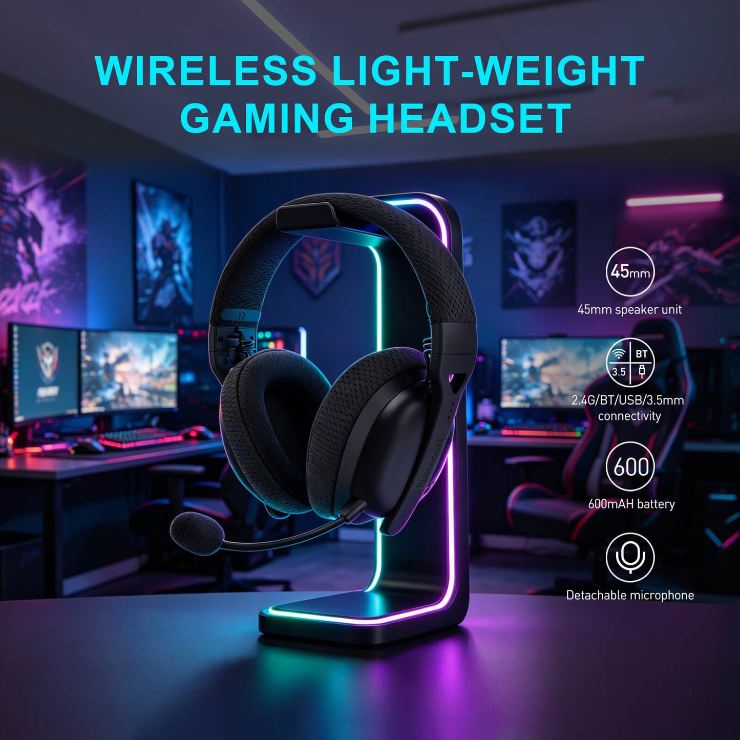 Redragon H819 Gaming Headset, 2.4GHz/BT/Wired, Black