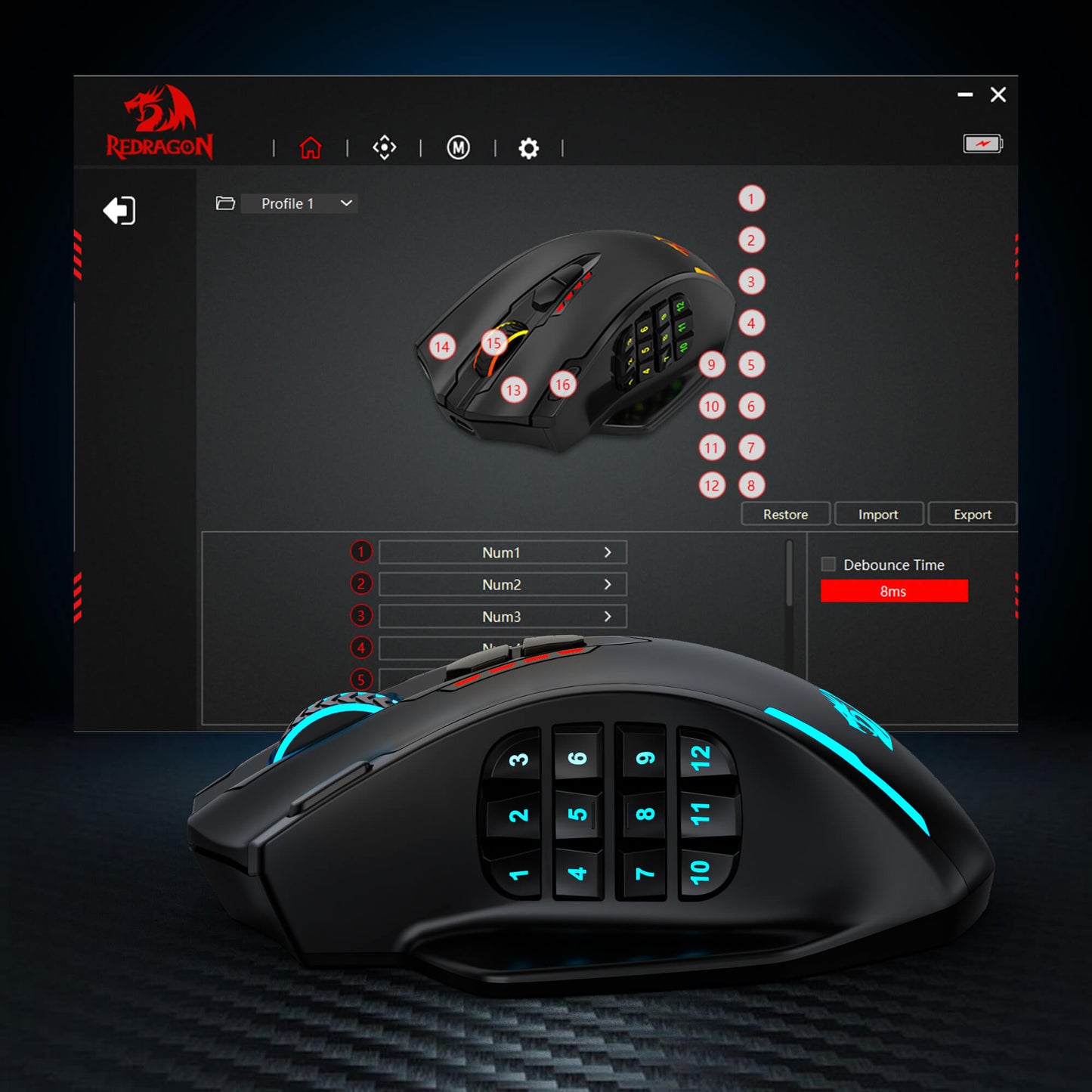 Redragon M913 Impact Elite Wireless Gaming Mouse, 16000 DPI Wired/Wireless RGB Mouse with 16 Programmable Buttons, 45 Hr Battery and Pro Optical Sensor, 12 Side Buttons MMO Mouse