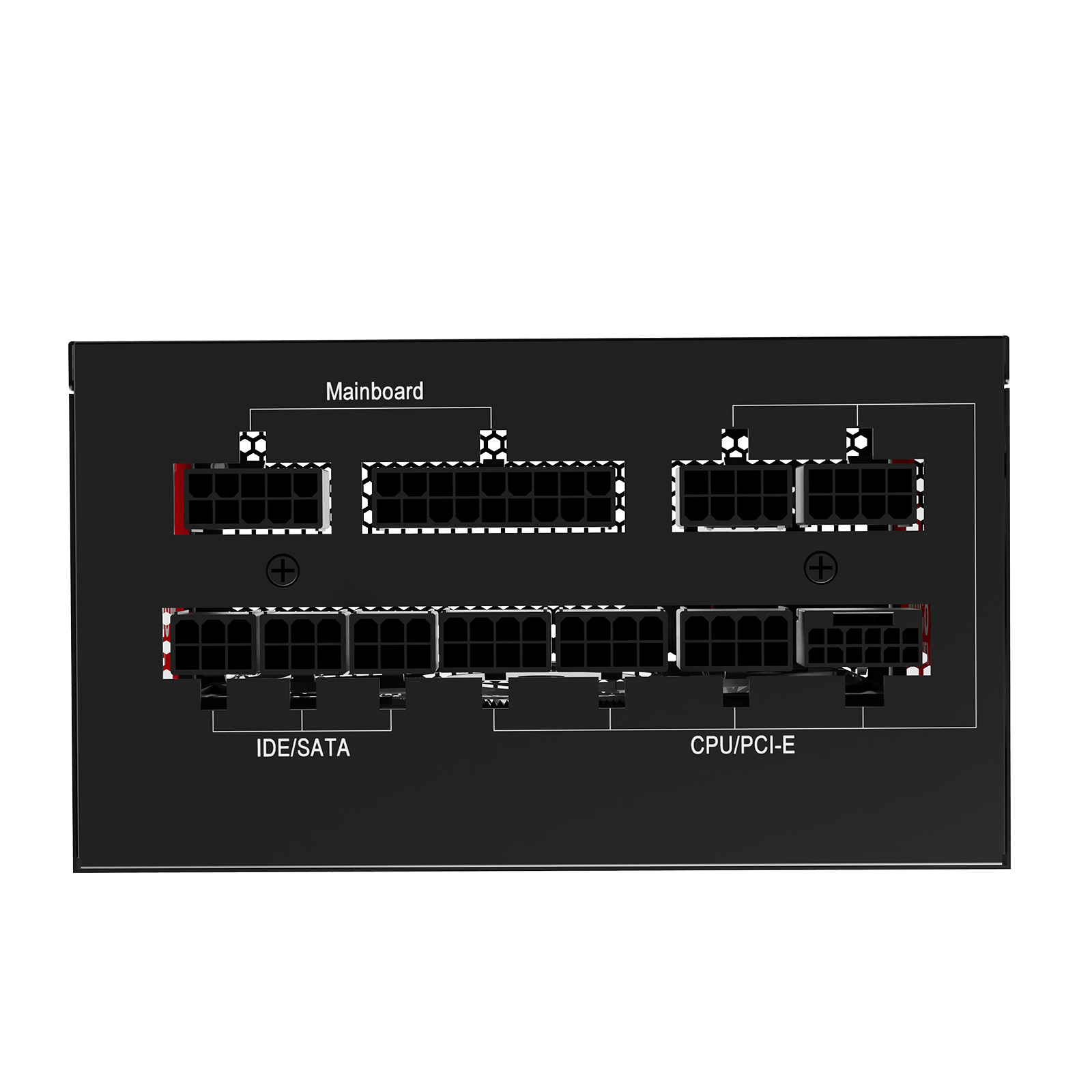 A black rectangular electronic panel or chassis with multiple terminal blocks and white schematic-style labels reading 'Mainboard', 'IDE/SATA', and 'CPU/PCI-E'.