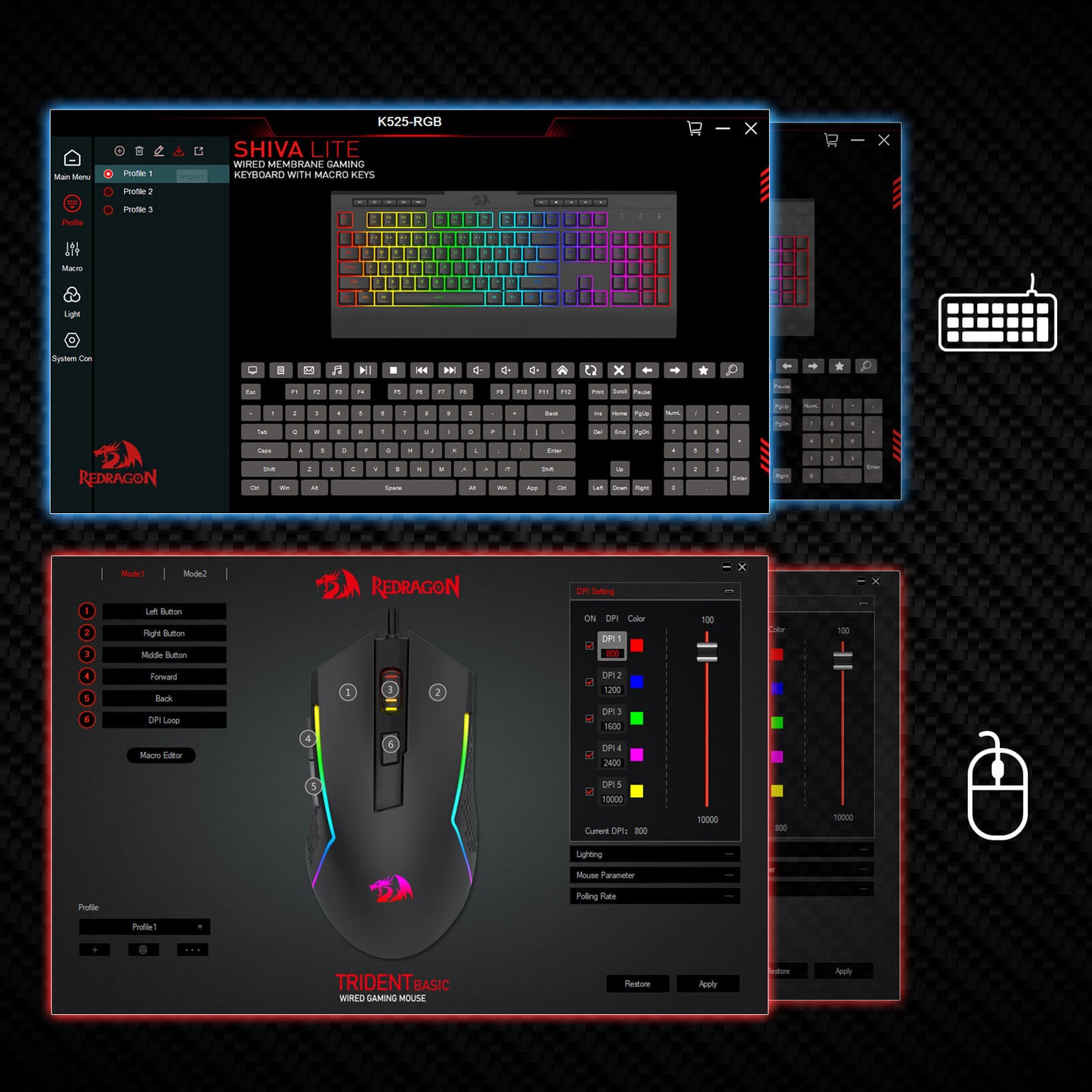 Redragon S151 Gaming keyboard and mouse setup with software interface on a dark background