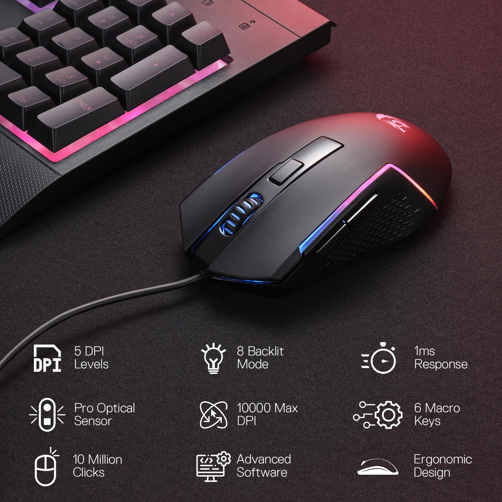 Redragon M616 Gaming mouse with RGB lighting on a dark surface next to a keyboard, with feature icons displayed.