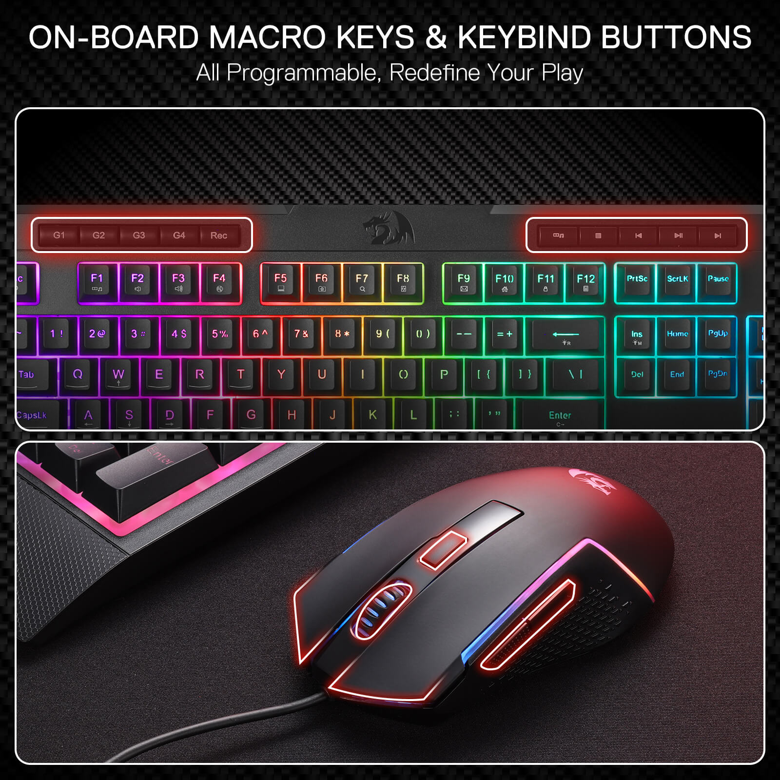 Redragon S151 Gaming keyboard and mouse set with on-board macro keys and keybind buttons on a dark background.