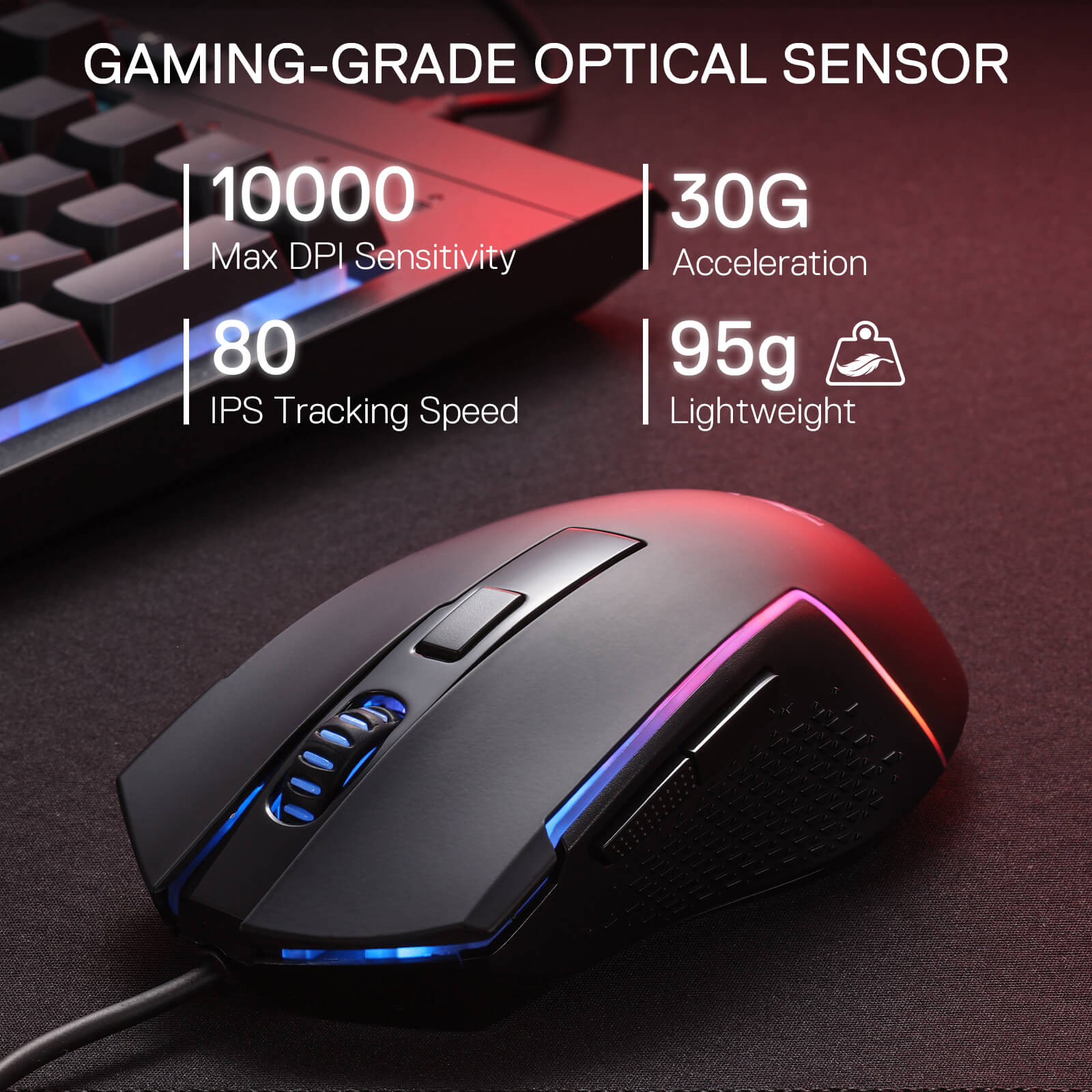 Redragon M616 Gaming mouse with RGB lighting on a dark surface, featuring gaming-grade optical sensor specifications.