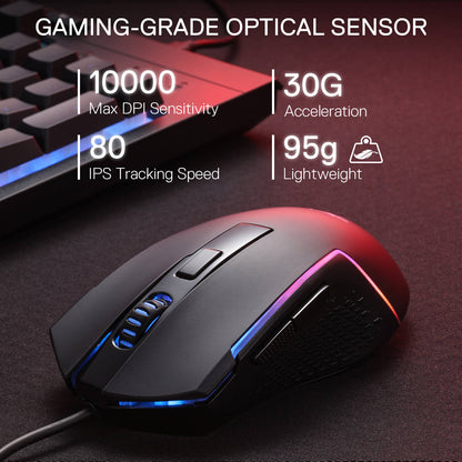 Redragon M616 Gaming mouse with RGB lighting on a dark surface, featuring gaming-grade optical sensor specifications.