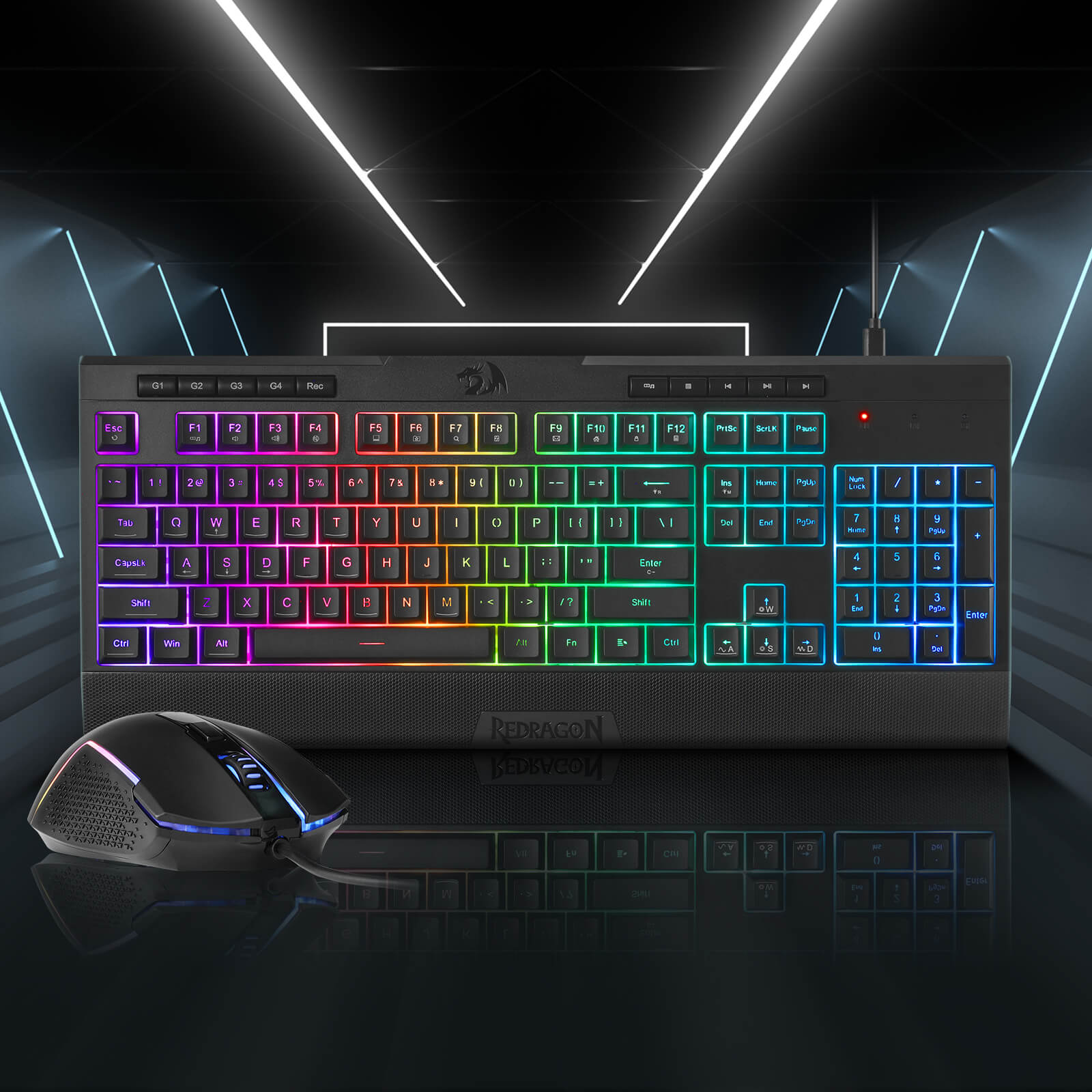 Redragon S151 Gaming Keyboard & Mouse Combo Gaming keyboard with RGB lighting and mouse on a dark background