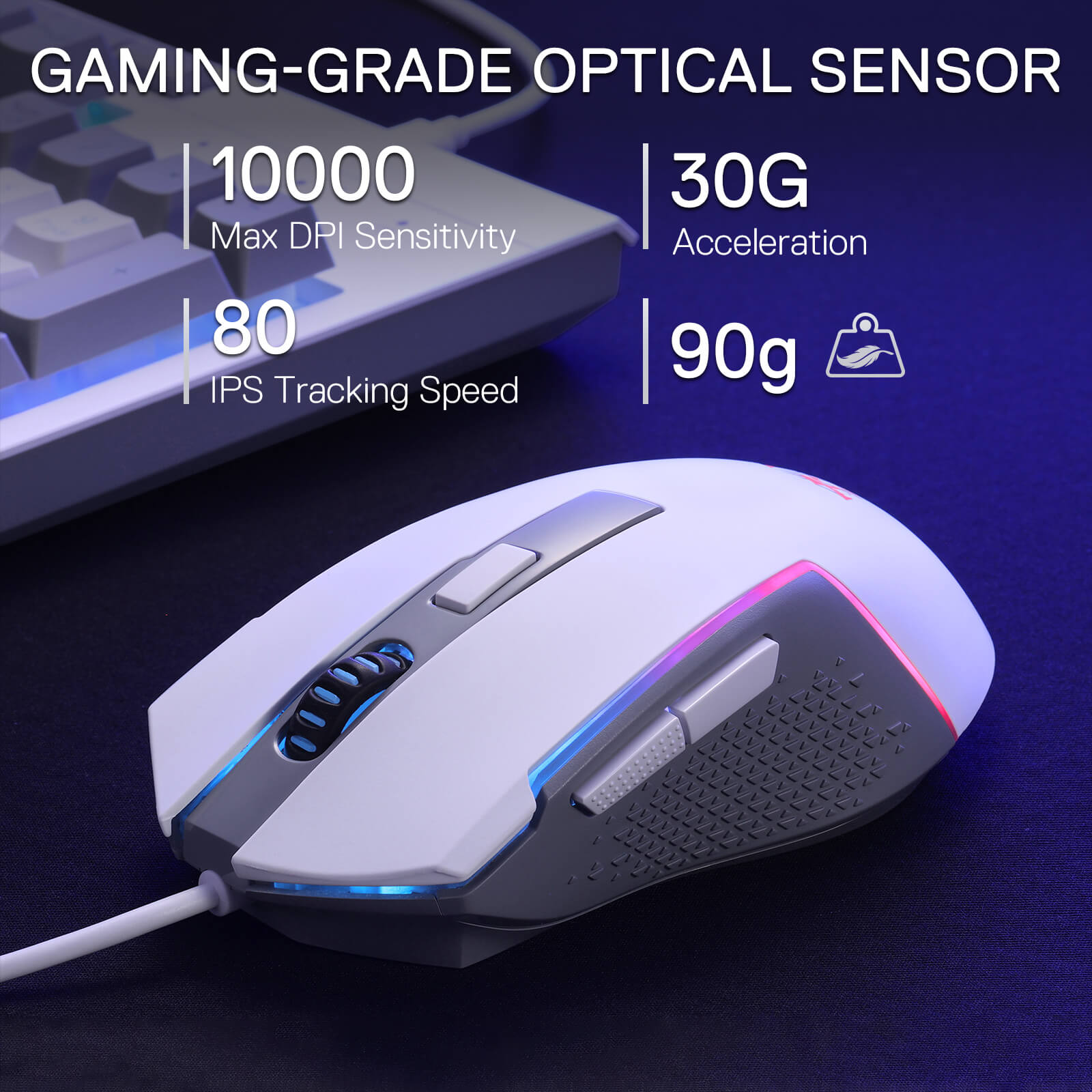 Gaming mouse with specifications on a dark background