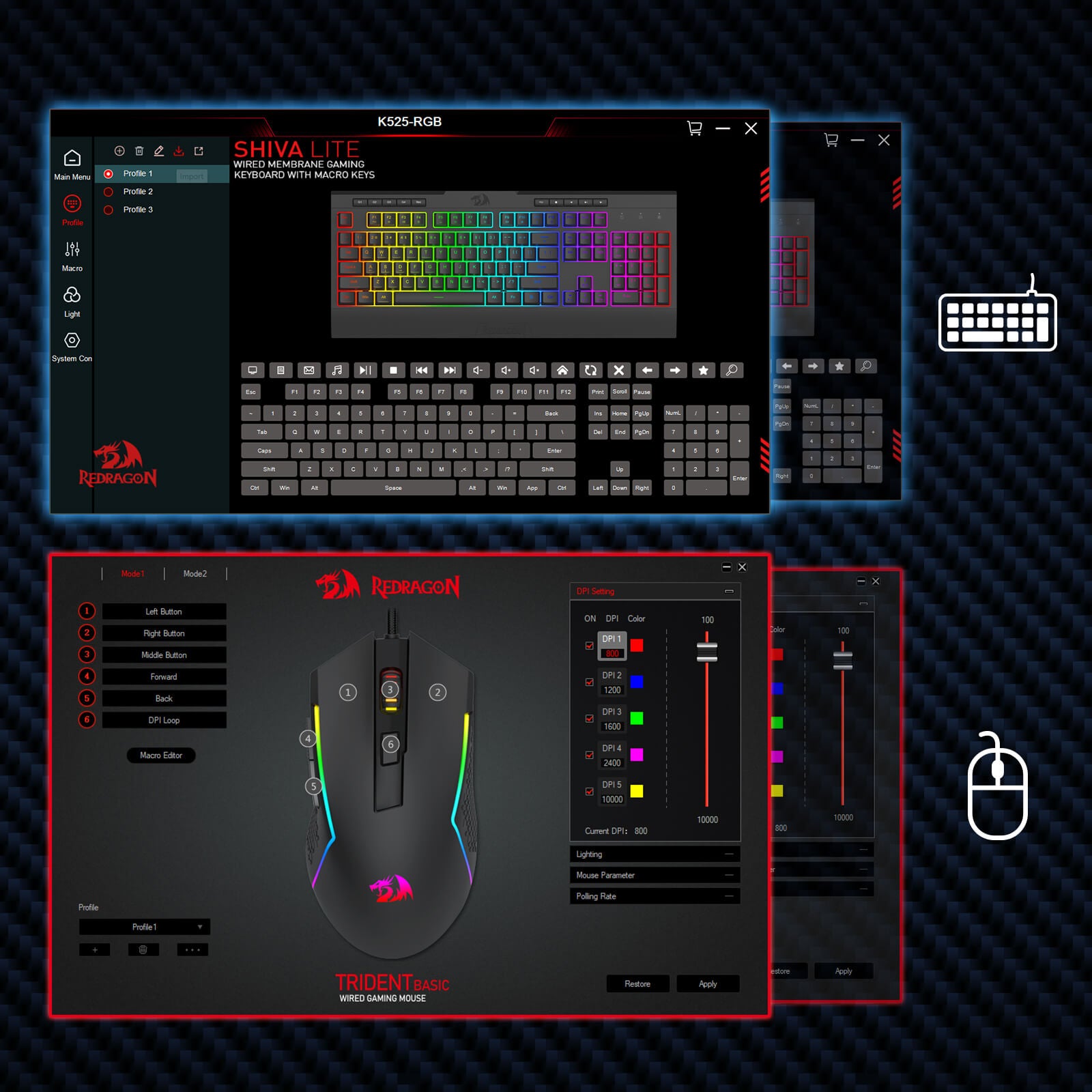 Gaming keyboard and mouse with software interface on a dark carbon fiber background