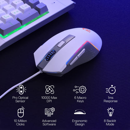 Redragon M616 White gaming mouse with RGB lighting on a dark surface, next to a keyboard.