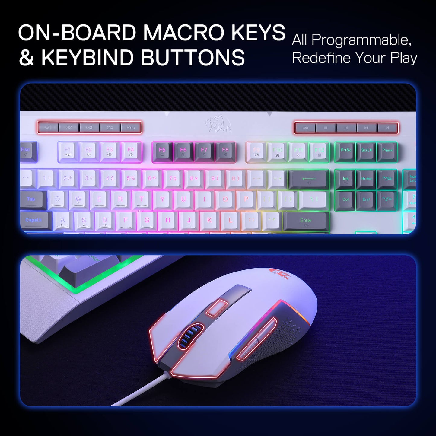 Gaming keyboard and mouse set with on-board macro keys and keybind buttons on a dark background.