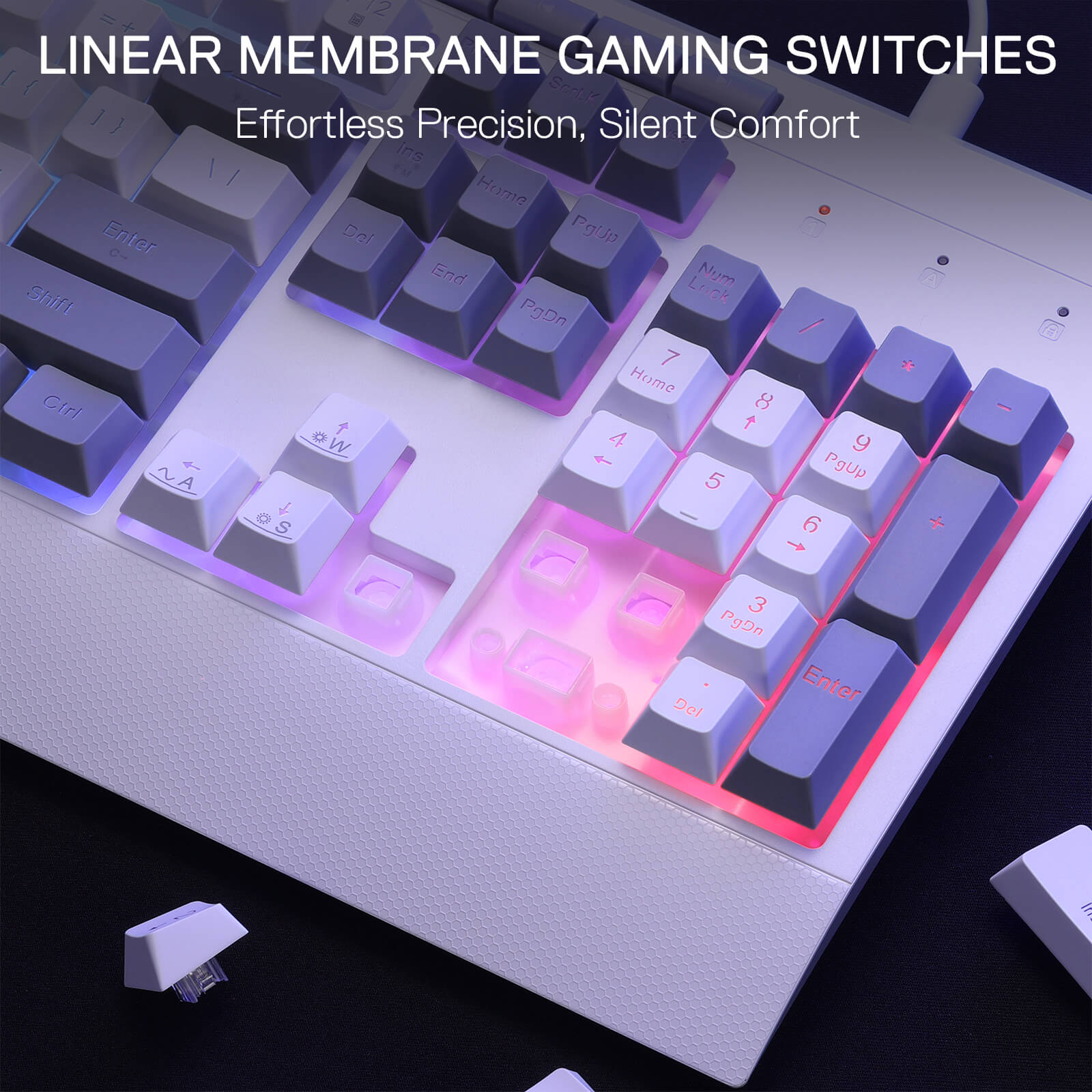 Close-up of a mechanical keyboard with linear membrane switches, highlighting the keycaps and switch mechanism.