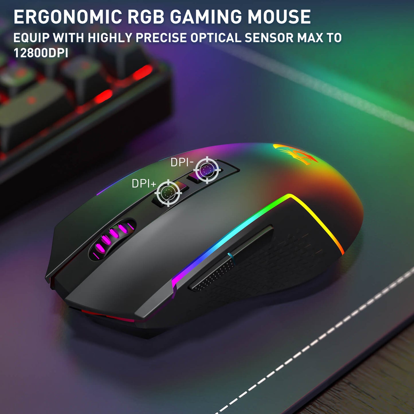 The ergonomic RGB gaming mouse is highlighted, equipped with a precise optical sensor (up to 12800 DPI) and dedicated DPI adjustment buttons.