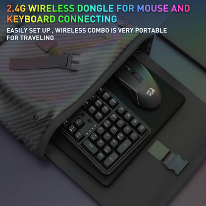 The 2.4G wireless dongle setup is demonstrated, showing the keyboard and mouse stored in a portable bag, emphasizing the combo’s portability for travel.