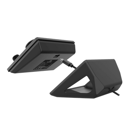 Two black electronic devices on a white background