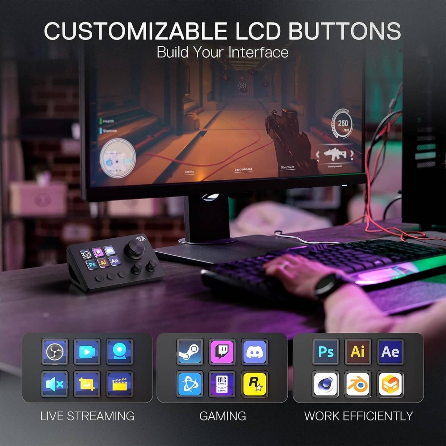 Computer setup with customizable LCD buttons on a desk, showing interface customization options.