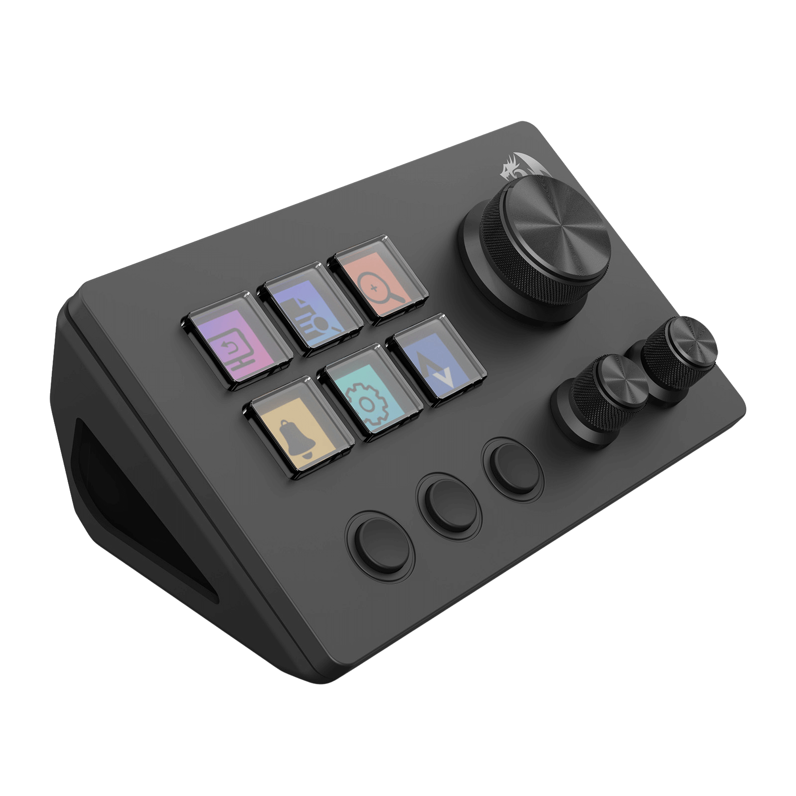 Black control panel with buttons and a knob on a white background