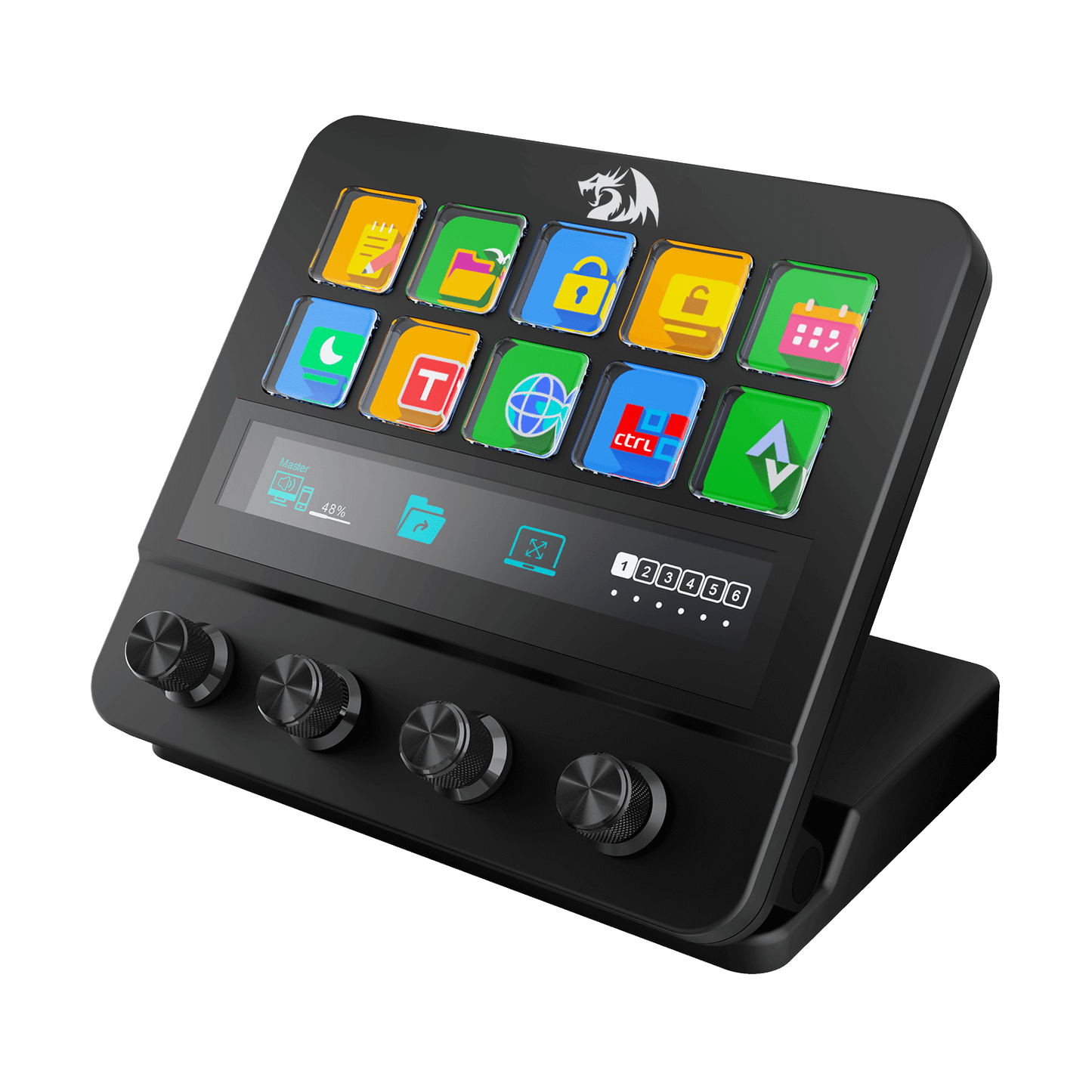 Control panel with colorful buttons and display on a black background
