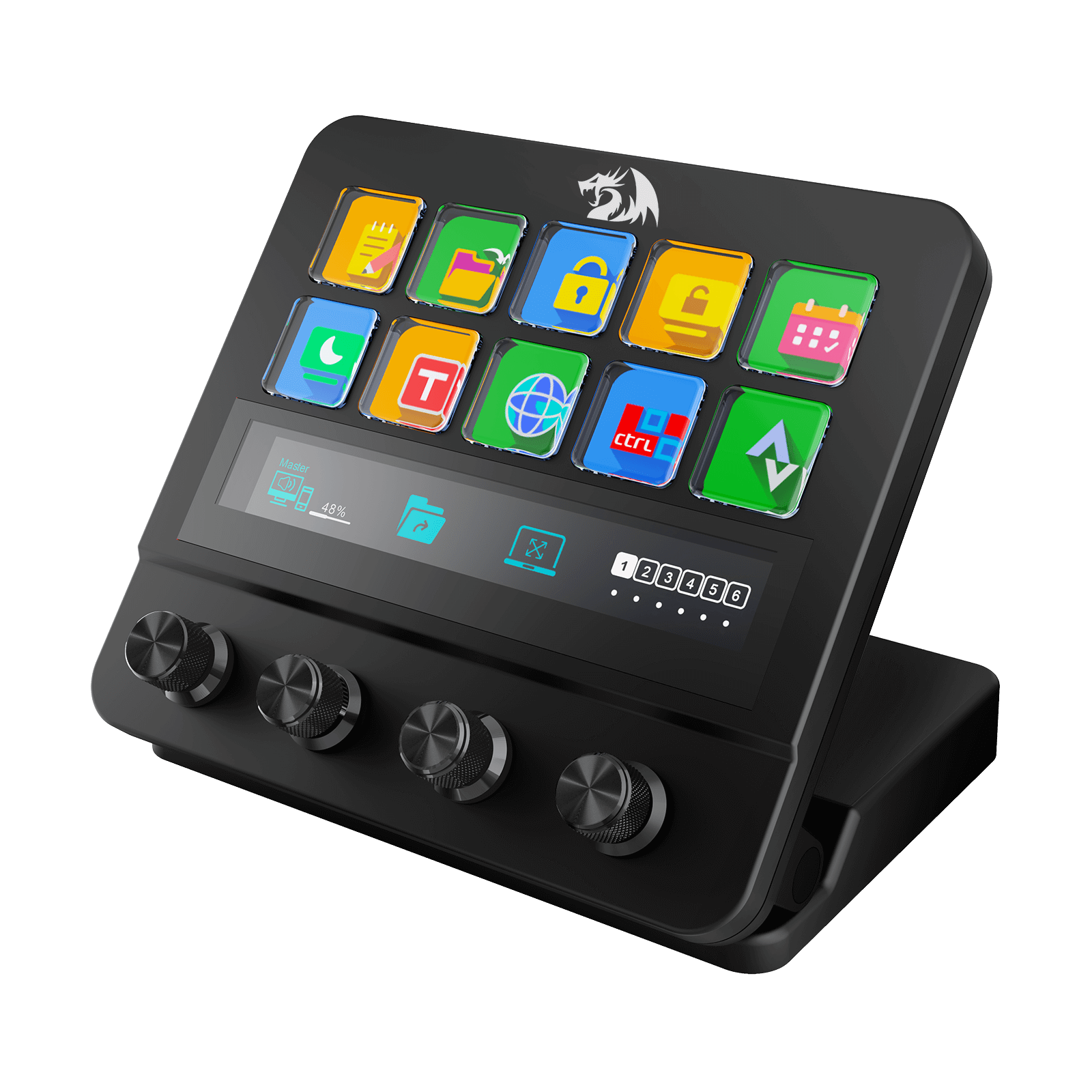 Control panel with colorful buttons and display on a black background