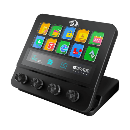 Control panel with colorful buttons and display on a black background