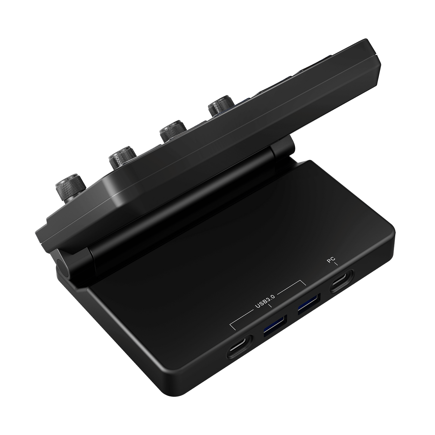Black USB hub with multiple ports on a white background