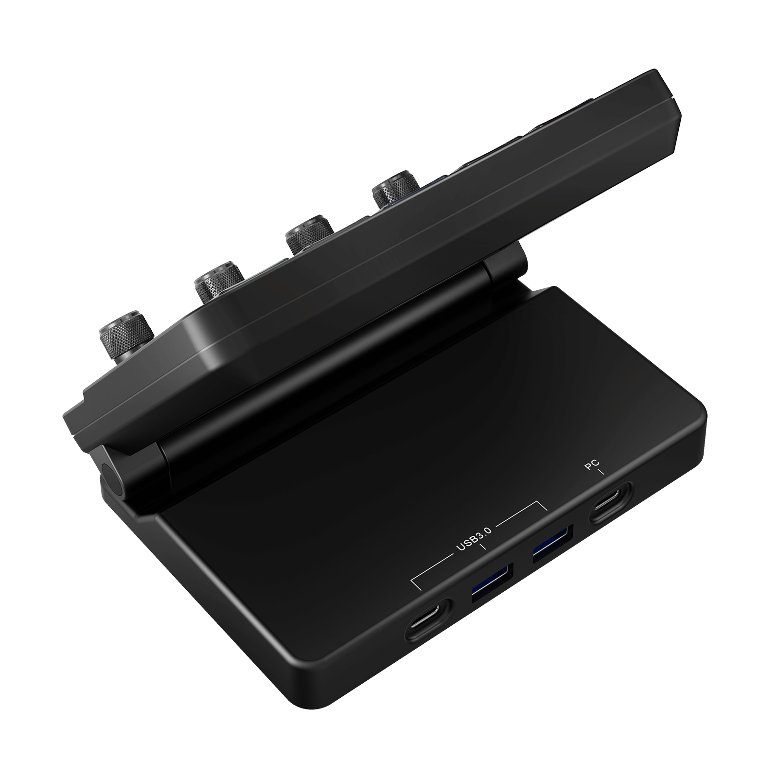 Black USB hub with multiple ports on a white background