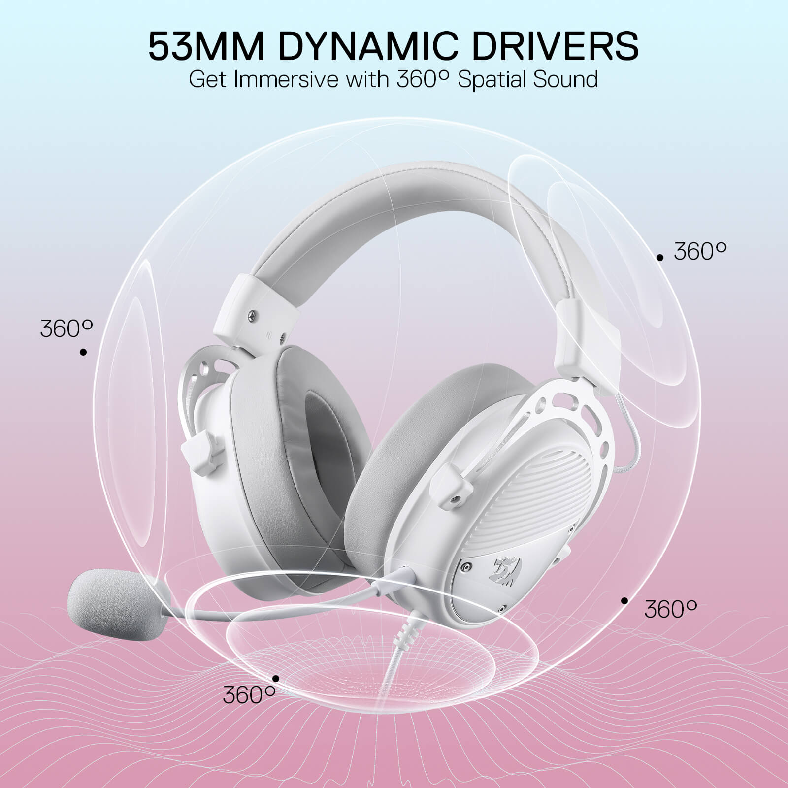 Redragon H730 USB Wired Gaming Headset - 53mm Drivers, 360° Spatial Sound, Detachable Noise-Canceling Microphone, Magnetic Replaceable Ear Cushions, Over-Ear Headphones Works for PC/PS4/PS5, White