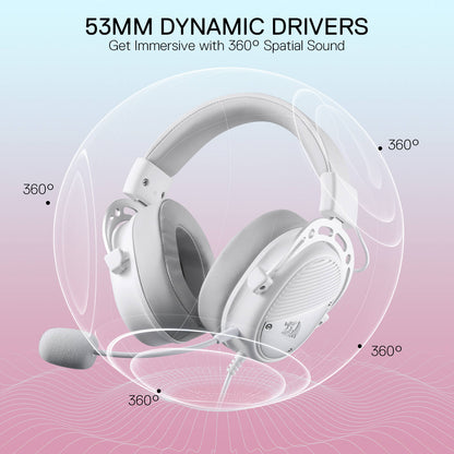 Redragon H730 USB Wired Gaming Headset - 53mm Drivers, 360° Spatial Sound, Detachable Noise-Canceling Microphone, Magnetic Replaceable Ear Cushions, Over-Ear Headphones Works for PC/PS4/PS5, White