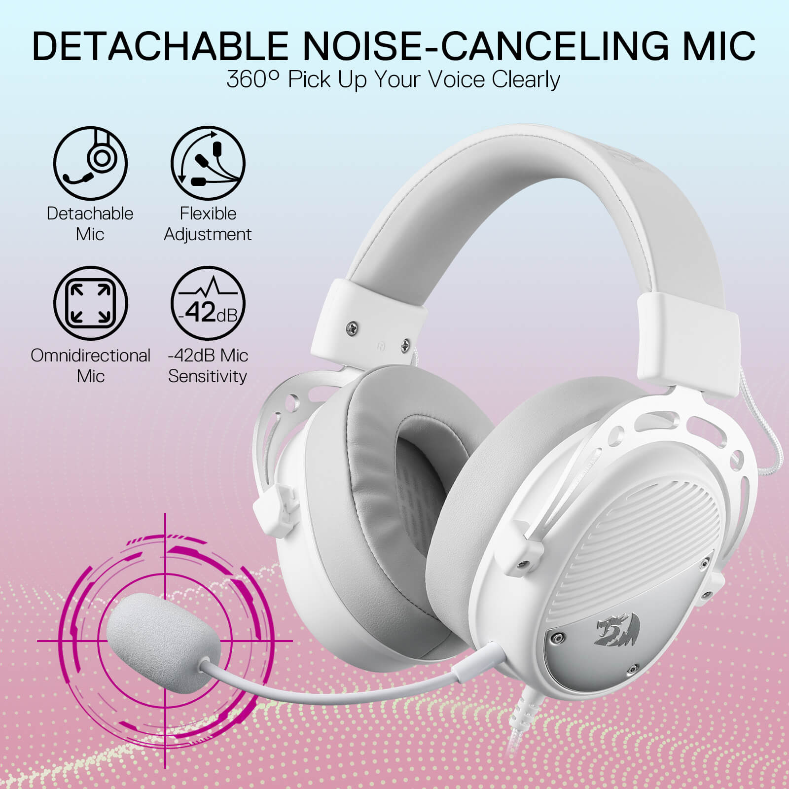 Redragon H730 USB Wired Gaming Headset - 53mm Drivers, 360° Spatial Sound, Detachable Noise-Canceling Microphone, Magnetic Replaceable Ear Cushions, Over-Ear Headphones Works for PC/PS4/PS5, White