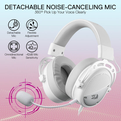 Redragon H730 USB Wired Gaming Headset - 53mm Drivers, 360° Spatial Sound, Detachable Noise-Canceling Microphone, Magnetic Replaceable Ear Cushions, Over-Ear Headphones Works for PC/PS4/PS5, White