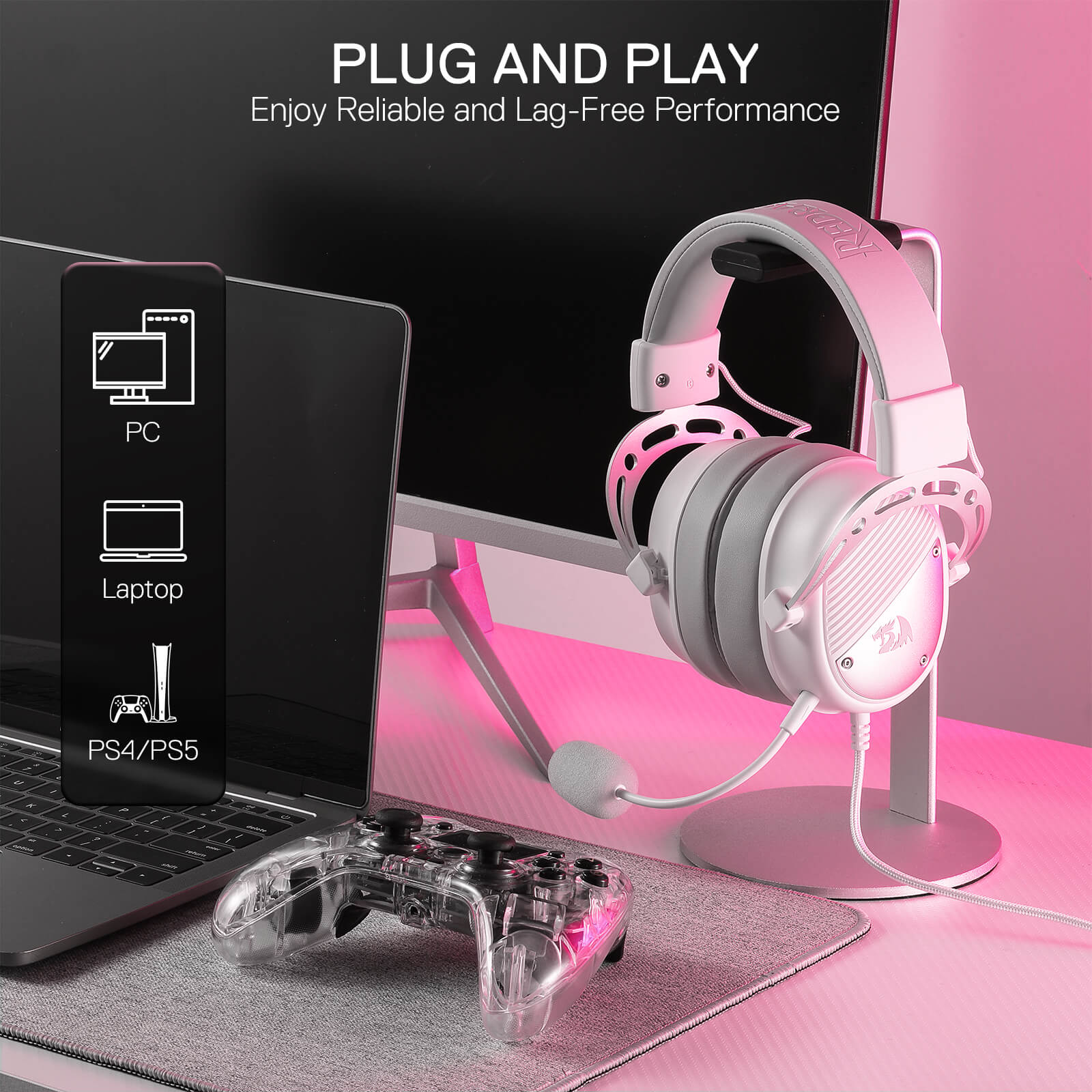 Redragon H730 USB Wired Gaming Headset - 53mm Drivers, 360° Spatial Sound, Detachable Noise-Canceling Microphone, Magnetic Replaceable Ear Cushions, Over-Ear Headphones Works for PC/PS4/PS5, White