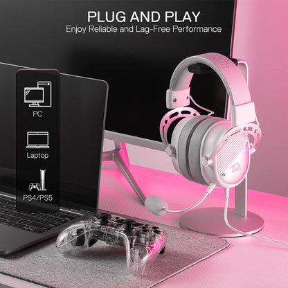 Redragon H730 USB Wired Gaming Headset - 53mm Drivers, 360° Spatial Sound, Detachable Noise-Canceling Microphone, Magnetic Replaceable Ear Cushions, Over-Ear Headphones Works for PC/PS4/PS5, White
