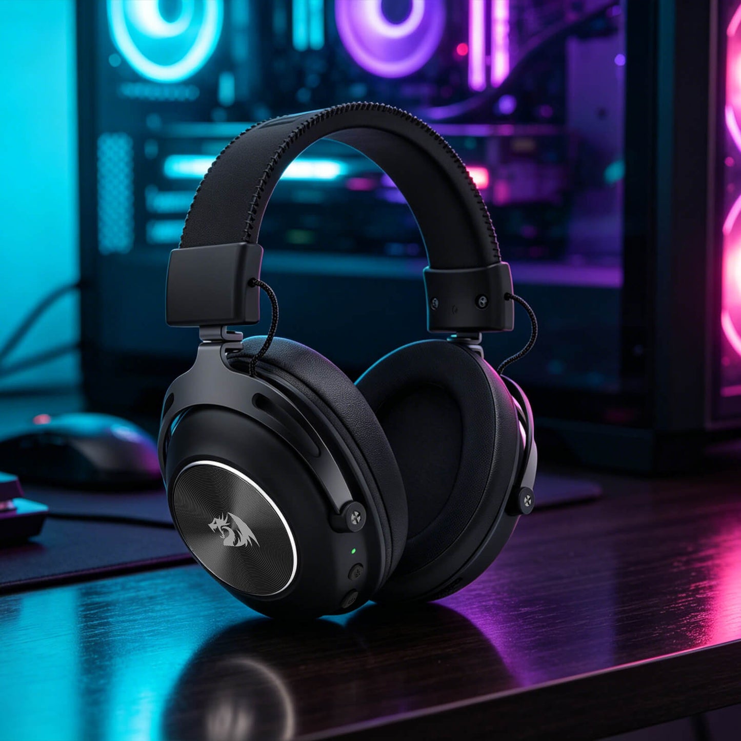 Redragon TITAN H894, Black over-ear gaming headphones with a silver circular accent and a white dragon logo, resting on a dark desk with a blurred PC setup in the background.