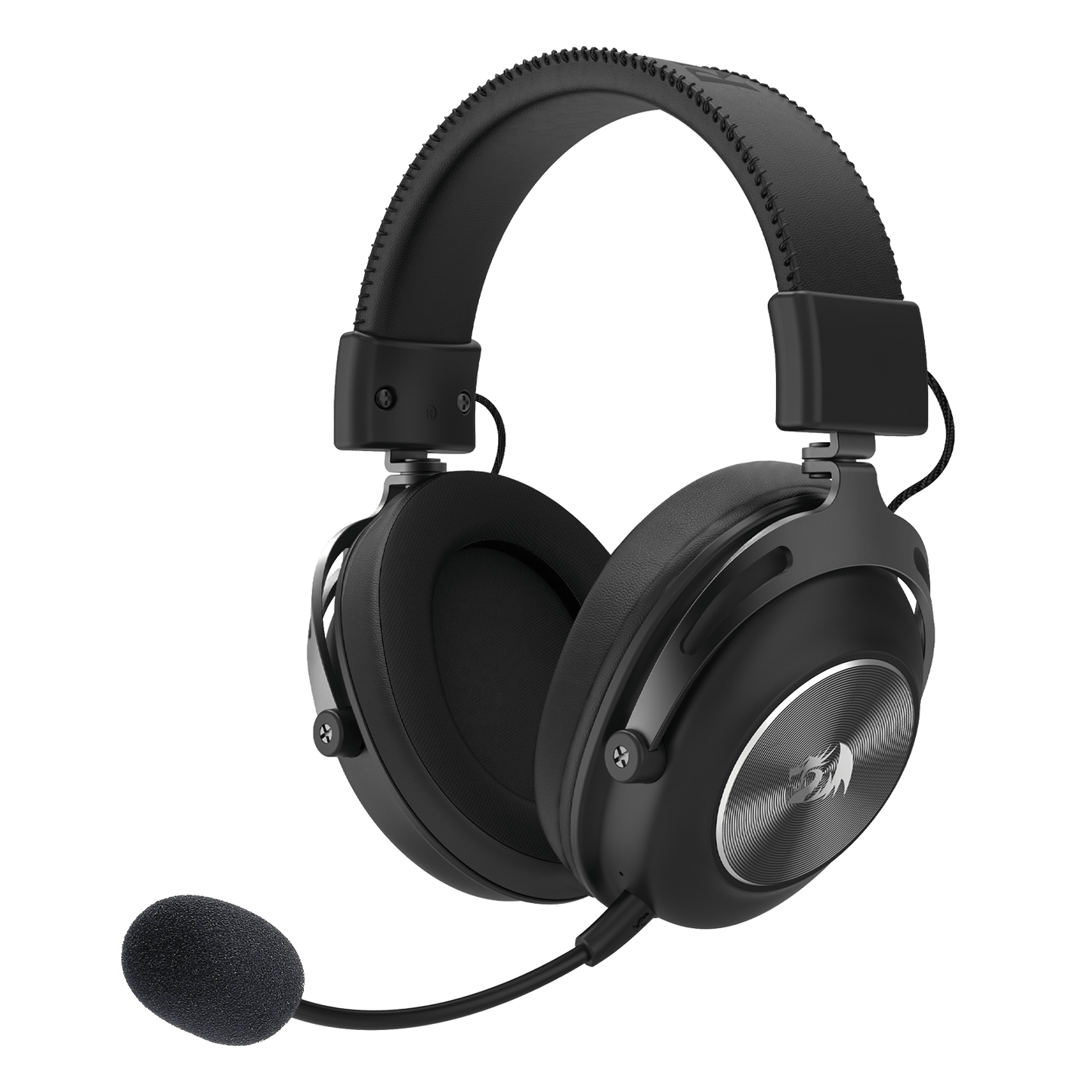 Redragon TITAN H894, Black over-ear gaming headset with a flexible boom microphone, padded headband, and circular metallic silver accent on the ear cup, shown on a plain white background.