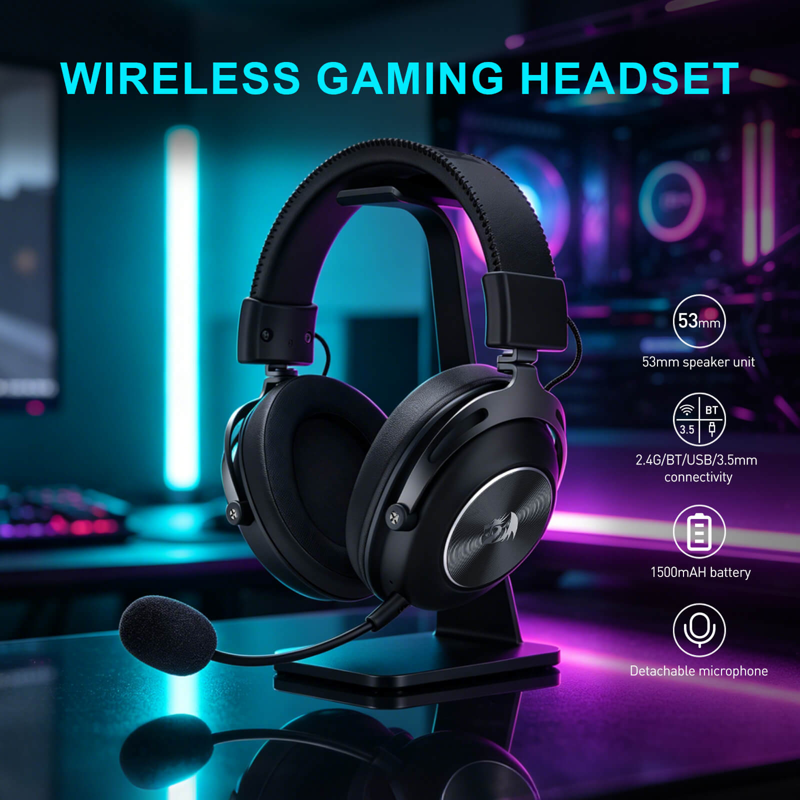 Redragon TITAN H894, Black wireless gaming headset with a detachable microphone, displayed on a stand in a stylized gaming setup with neon lighting and feature callouts.