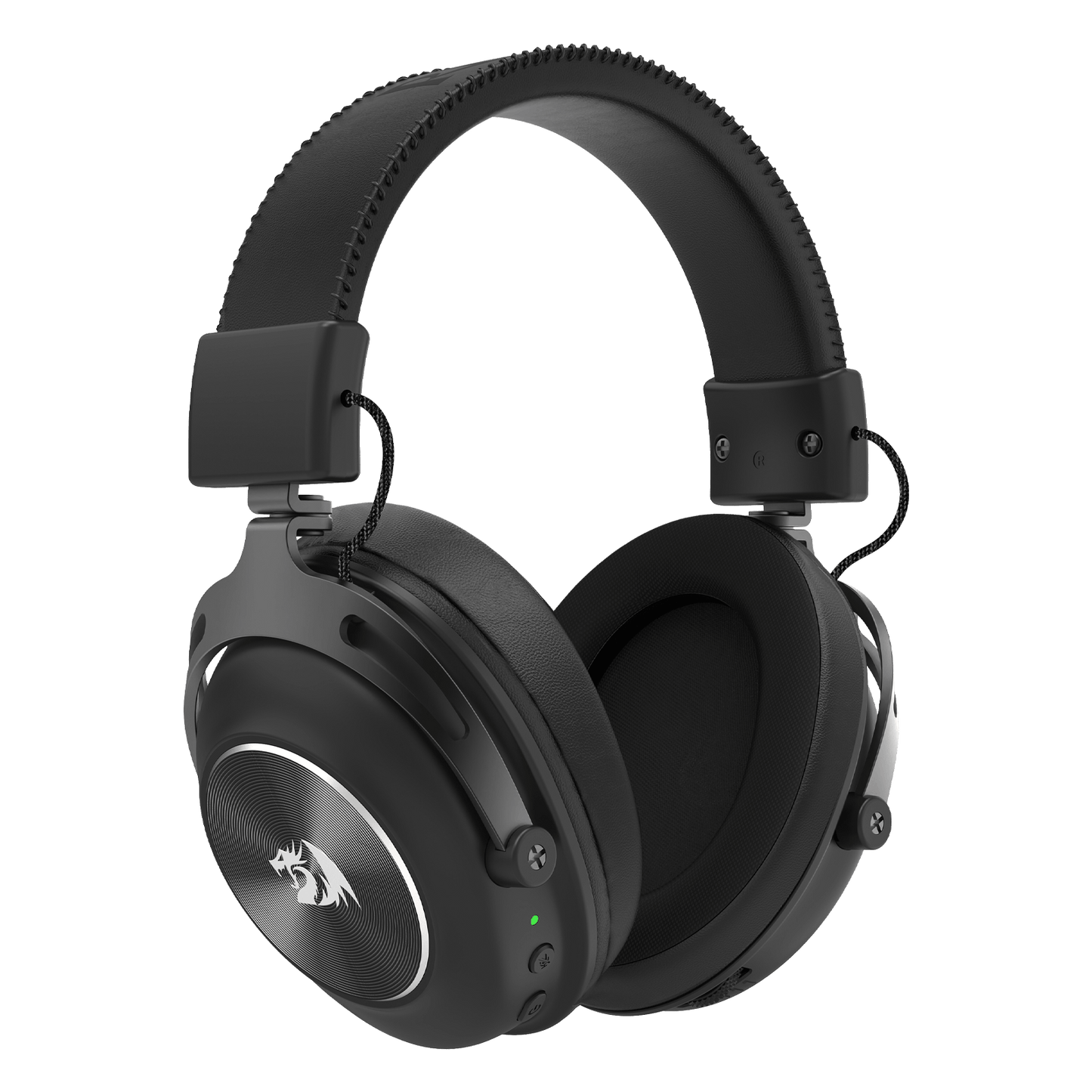 Redragon TITAN H894, Black over-ear gaming headphones with a textured headband, padded ear cushions, and a silver tiger logo on the outer ear cup, shown on a solid white background.