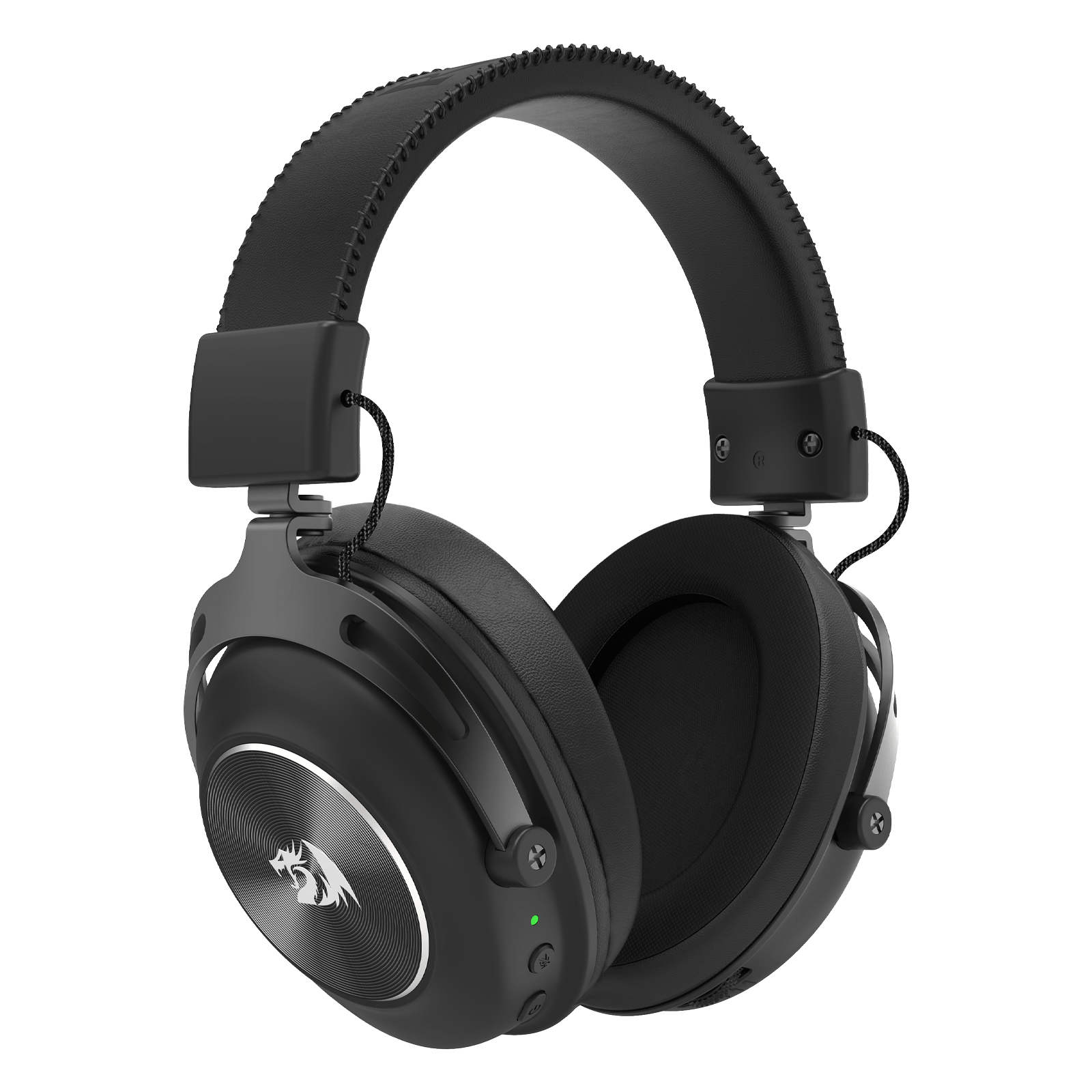 Redragon TITAN H894, Black over-ear gaming headphones with a textured headband, padded ear cushions, and a silver tiger logo on the outer ear cup, shown on a solid white background.