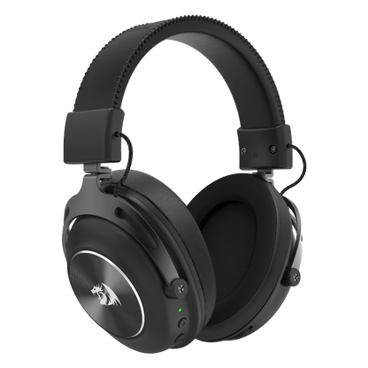 Redragon TITAN H894, Black over-ear gaming headphones with a textured headband, padded ear cushions, and a silver tiger logo on the outer ear cup, shown on a solid white background.