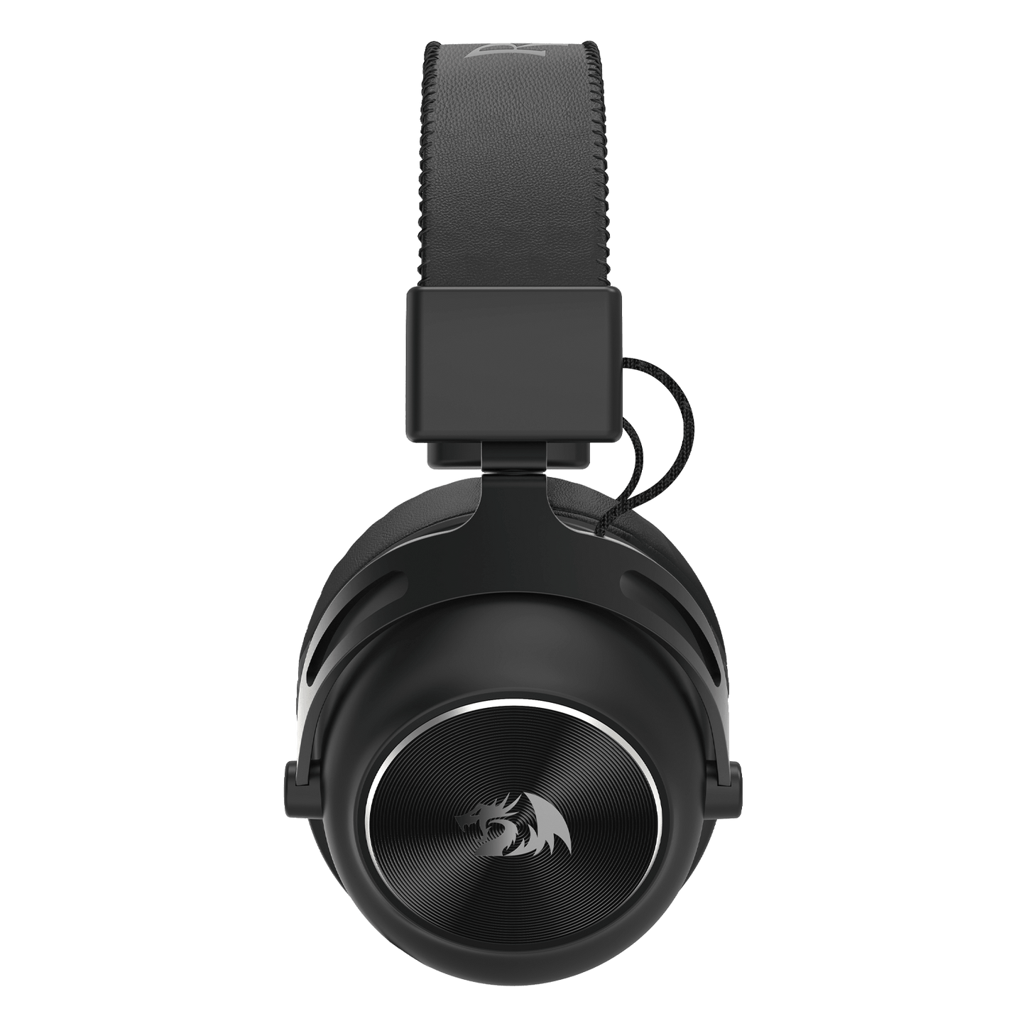 Redragon TITAN H894, Black over-ear gaming headphones with a textured headband, a silver dragon logo on the ear cup, and a thin silver accent ring, shown on a solid white background.