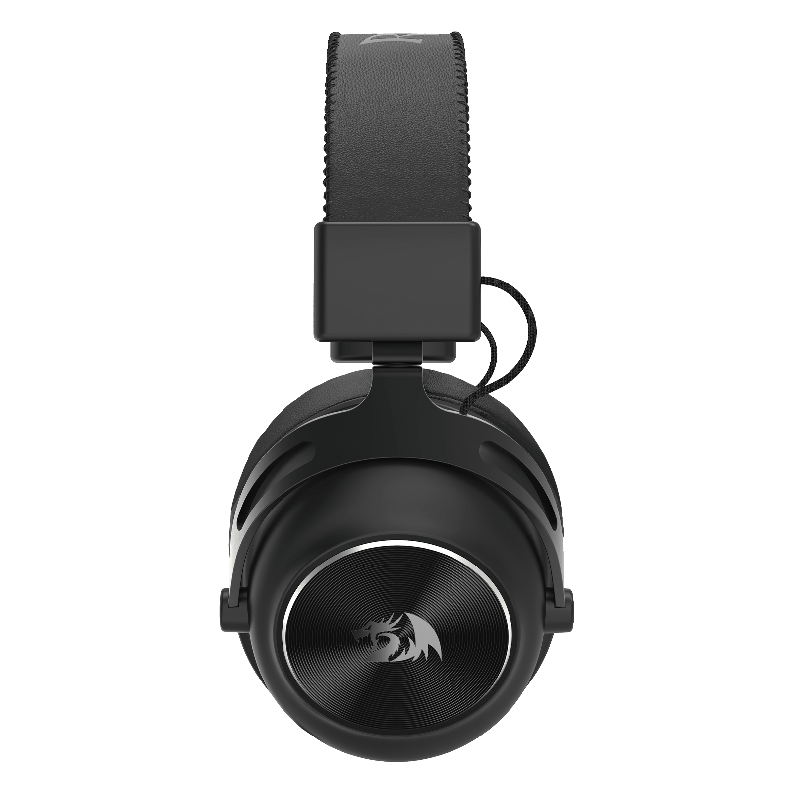 Redragon TITAN H894, Black over-ear gaming headphones with a textured headband, a silver dragon logo on the ear cup, and a thin silver accent ring, shown on a solid white background.