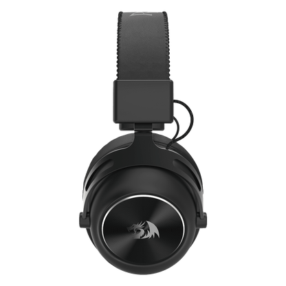 Redragon TITAN H894, Black over-ear gaming headphones with a textured headband, a silver dragon logo on the ear cup, and a thin silver accent ring, shown on a solid white background.