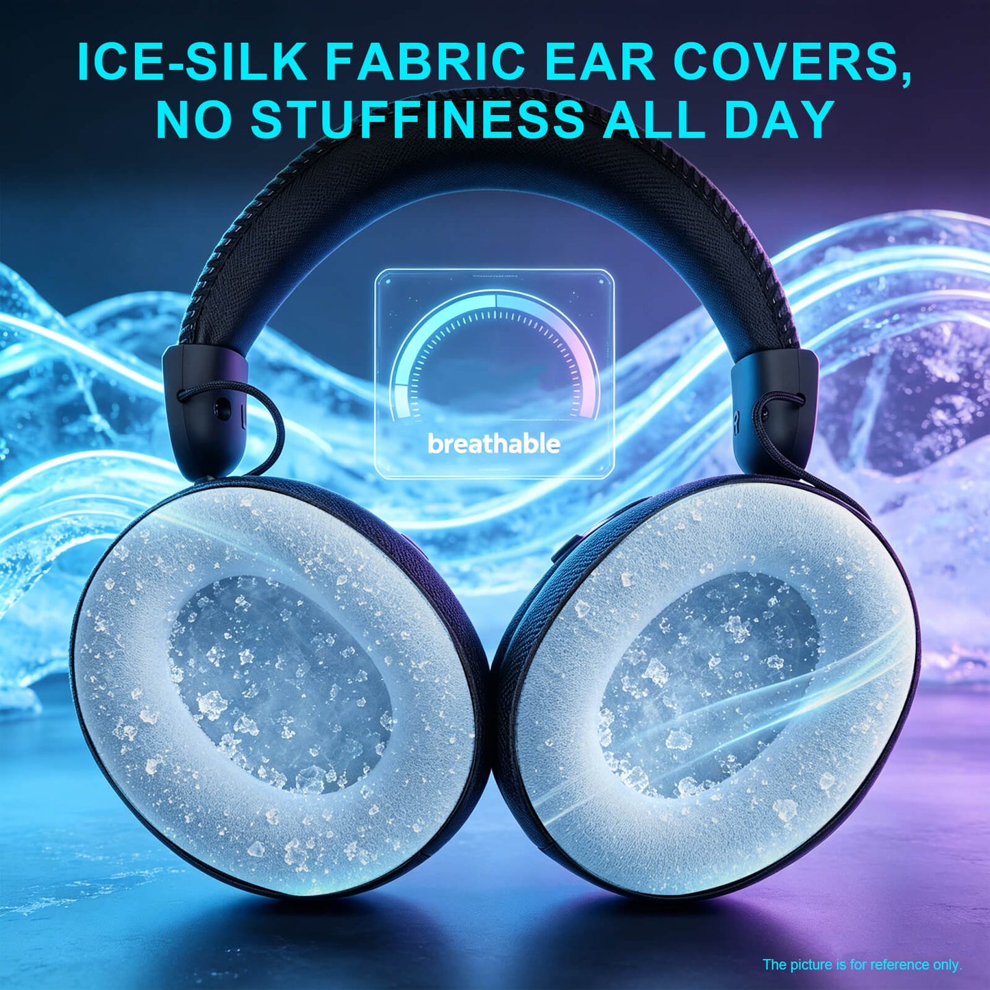 Redragon TITAN H894, A pair of over-ear headphones with ice-silk fabric ear covers, shown on a stylized blue and purple background with glowing wave graphics and marketing text about breathability.