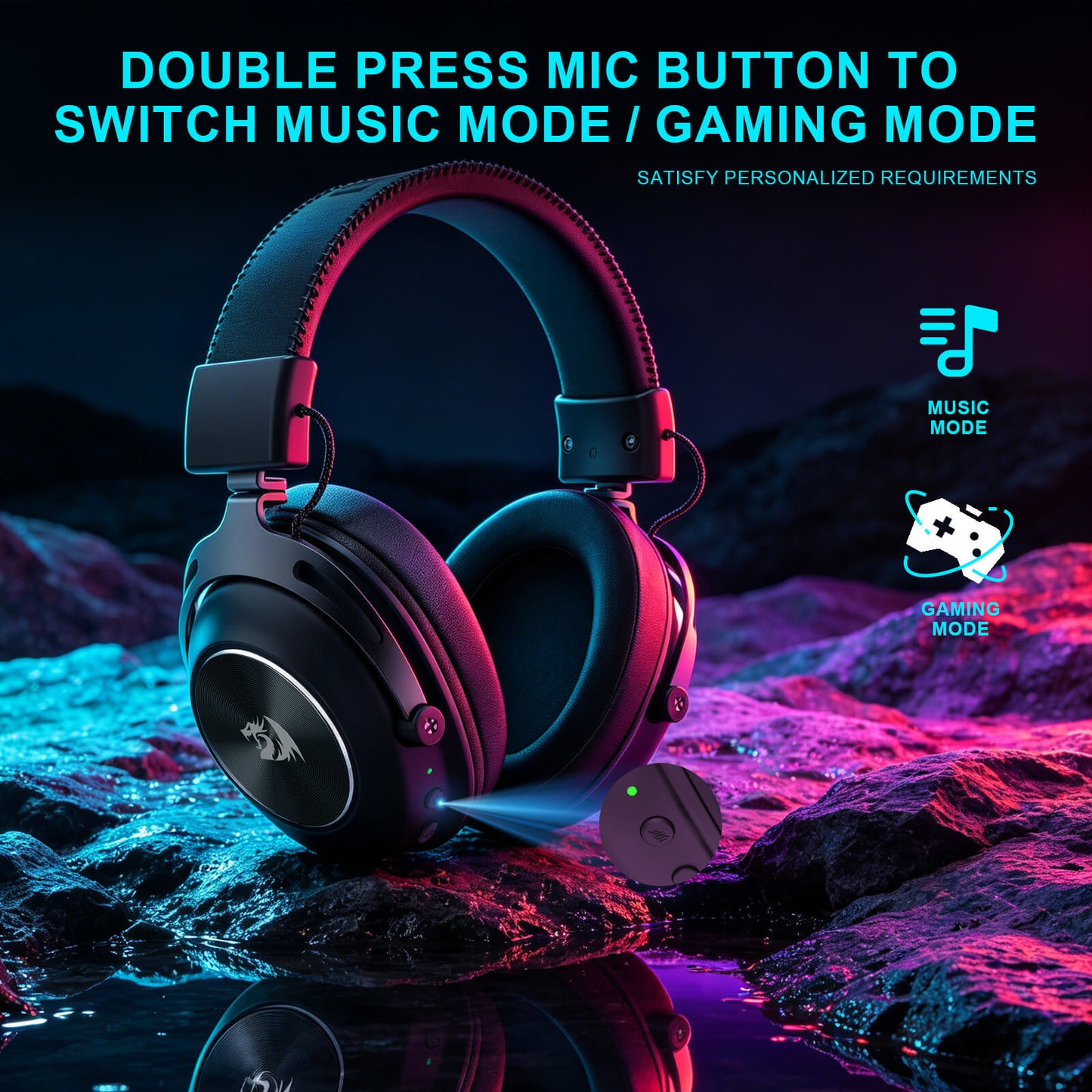 Redragon TITAN H894, Black over-ear gaming headphones with a small matching remote, shown on dark rocks with dramatic blue and pink lighting. Large text at the top reads 'DOUBLE PRESS MIC BUTTON TO SWITCH MUSIC MODE / GAMING MODE,' with mode icons on the right.