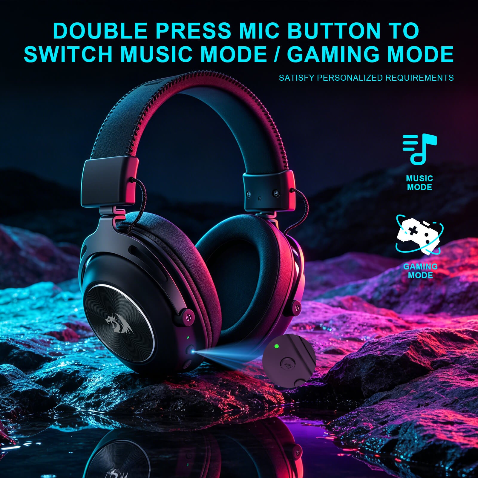 Redragon TITAN H894, Black over-ear gaming headphones with a small matching remote, shown on dark rocks with dramatic blue and pink lighting. Large text at the top reads 'DOUBLE PRESS MIC BUTTON TO SWITCH MUSIC MODE / GAMING MODE,' with mode icons on the right.