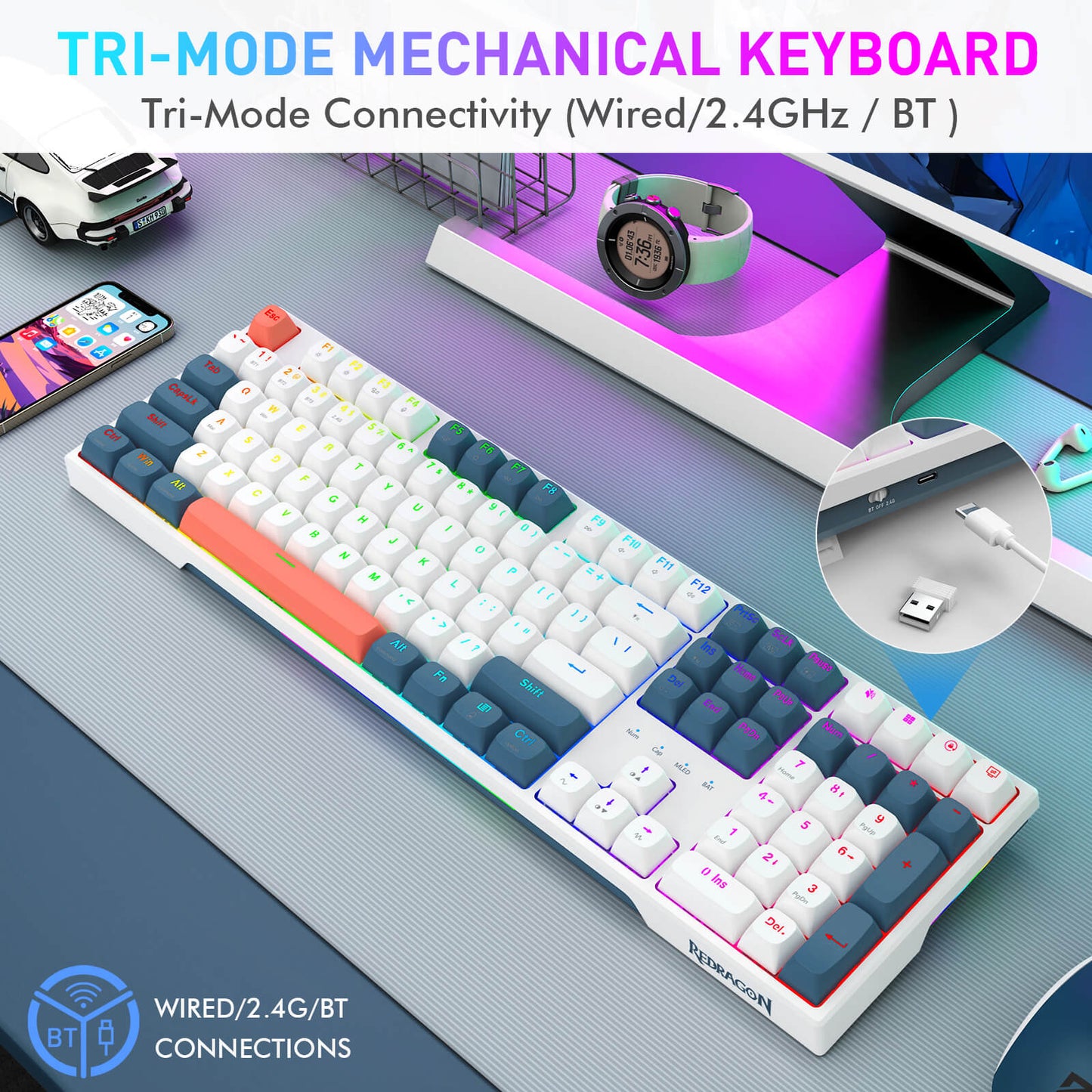 A tri-mode mechanical keyboard with white, blue, and orange keycaps, shown on a gray desk with promotional text and connectivity graphics. The image includes a circular inset showing a USB cable connection.