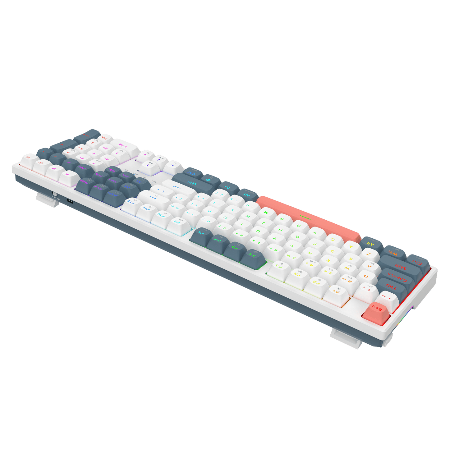 A mechanical keyboard with a white base and a variety of colored keycaps, including white, gray, teal, and coral pink, shown against a solid black background.