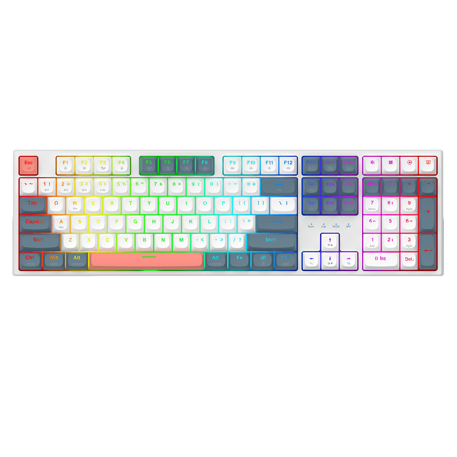 A white mechanical keyboard with a rainbow gradient RGB backlighting, shown against a solid black background.