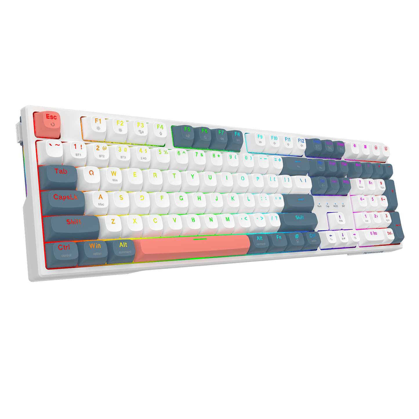 A compact mechanical keyboard with a white base and colorful pastel keycaps, shown at an angle against a solid black background.